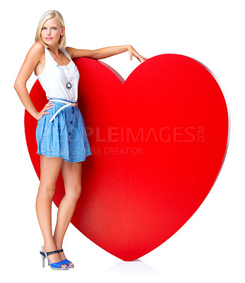 Buy stock photo Emoji, love and woman with red heart in studio portrait for valentines day, poster or board on white background. Romance, shape and girl model relax on icon, billboard or message, hope or isolated