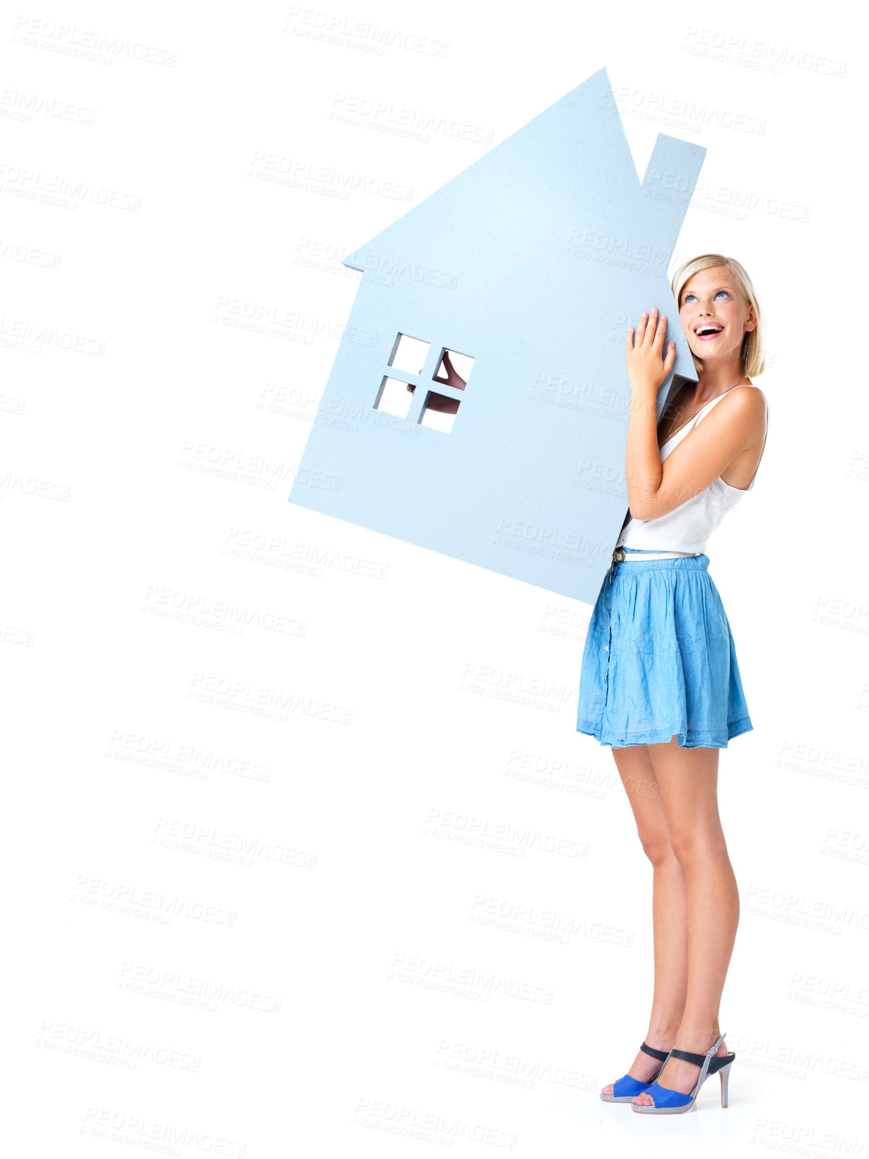 Buy stock photo Real estate, house icon and woman with smile on white background for property investment, mortgage and loan. Homeowner, realtor and isolated girl hug 3d home design for residence, apartment and rent