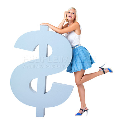 Buy stock photo Portrait of happy woman, dollar emoji smile and saving in investment profit or startup finance loan isolated on white background. Money, budget and success with financial freedom promotion in studio.