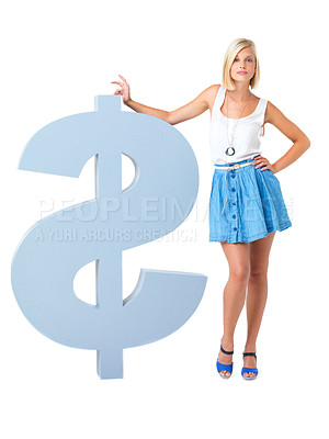 Buy stock photo Dollar sign, money and portrait of woman in studio for financial saving, investment or goal. Finance, economy and female model from Canada standing with cash symbol isolated by a white background.