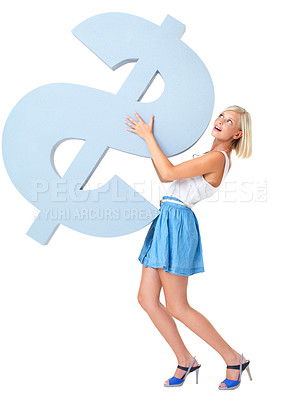 Buy stock photo Woman lifting dollar sign, increase and profit in investment or startup finance loan credit isolated on white background. Money, budget and success with financial freedom in studio with promotion.