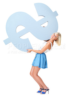 Buy stock photo Portrait of woman holding dollar sign, increase saving and investment profit or startup finance loan isolated on white background. Money, budget and economic success with financial freedom in studio.