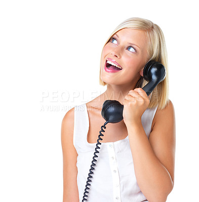 Buy stock photo Telephone, phone and mockup with shocked woman excited for deal, sale and marketing. Young, surprised and female happy for giveaway, prize and isolated against a studio white background