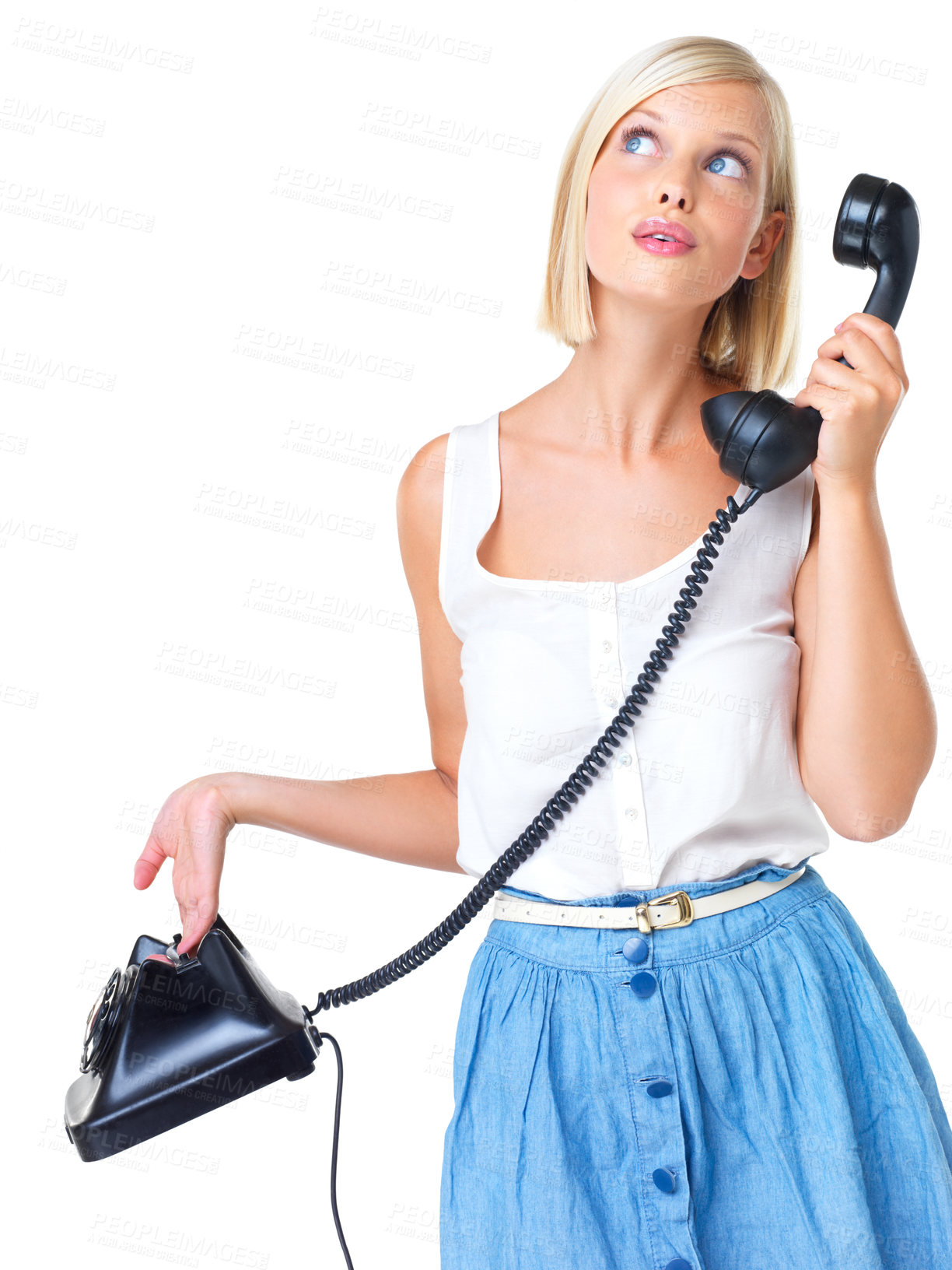 Buy stock photo Secretary, answer and woman thinking on phone call isolated on a white background in a studio. Question, contact and girl with a telephone for communication, discussion and conversation on a backdrop