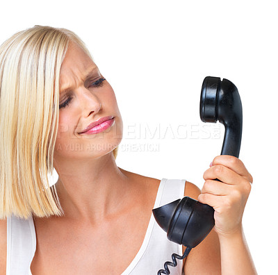 Buy stock photo Phone, telephone and confused woman annoyed at a call discussion, communication and conversation. Frustrated, scam and spam on female looking puzzled by isolated against a studio white background