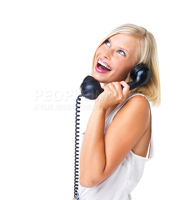 Buy stock photo Woman with smile, telephone call and happiness with communication and virtual chat isolated on white background. Happy, retro technology and young female face, mockup space, vintage and connection