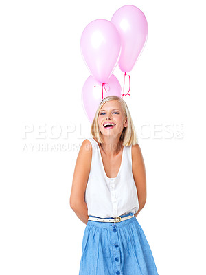 Buy stock photo Pink balloons, portrait of a woman in a studio for valentines day, birthday or anniversary celebration. Happiness, celebrate and female model with party decorations isolated by a white background.