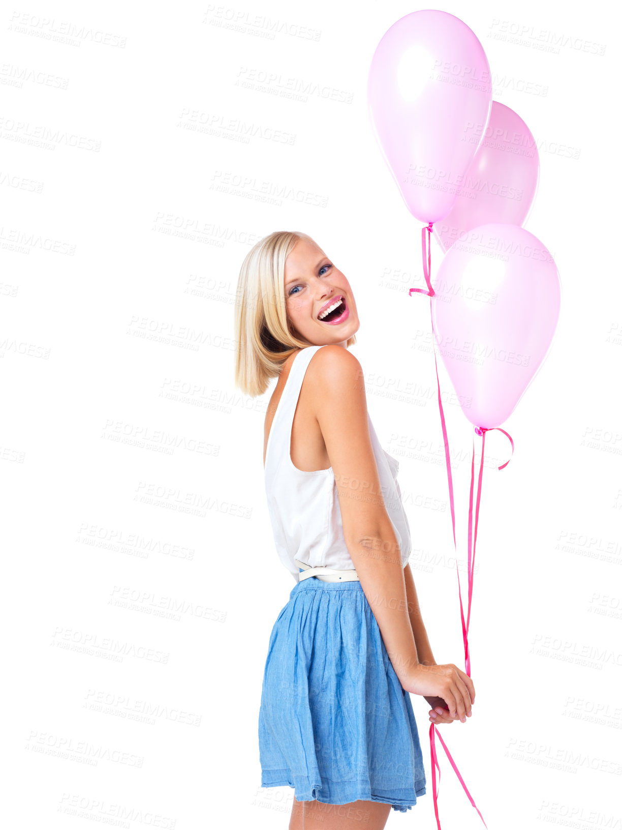 Buy stock photo Pink balloons, smile and portrait of woman in studio for valentines day, birthday gift and present. Fashion, beauty and isolated happy girl for party, celebration or anniversary on white background