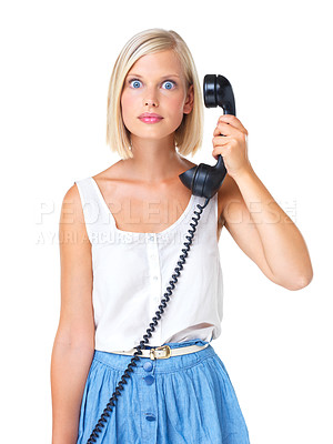Buy stock photo Woman, telephone call and surprise in portrait, shocked facial expression with communication isolated on white background. Wow, retro technology and young female with omg face, vintage and connection