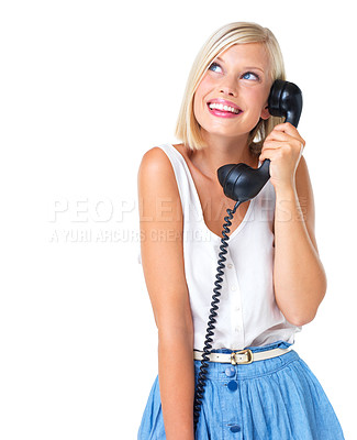 Buy stock photo Telephone, advertising and woman looking at mockup excited for deal, sale and marketing. Young, surprised and female happy for giveaway, prize and isolated against a studio white background
