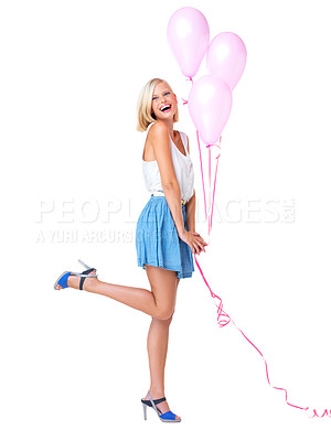 Buy stock photo Woman, studio and pink balloons with smile for valentines day gift with happiness, fashion or beauty by white background. Isolated model, happy or excited for party, dating or anniversary celebration