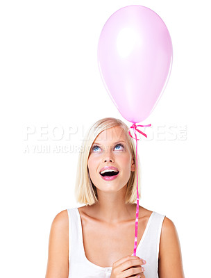 Buy stock photo Balloon, excited and young woman with birthday or valentines day present in studio. Isolated, white background and cute model with happiness and joy thinking with optimism and smile for party