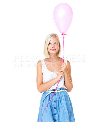 Buy stock photo Balloon, young woman and white background studio thinking about valentines day present. Idea, mock up and smile of a model with casual fashion with balloons for a party as a gift feeling calm