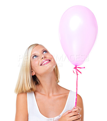 Buy stock photo Young woman, balloon and smile of a model with mockup, white background and studio space. Birthday, party or valentines day balloons with happy smiling person with mock up excited to celebrate