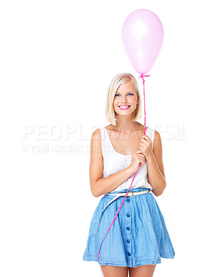 Buy stock photo Woman, balloon and portrait of a model with mockup, white background and studio space. Birthday, party or valentines day balloons with happy young person with mock up with a smile ready to celebrate