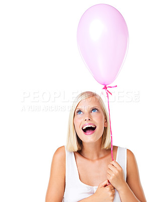 Buy stock photo Balloon, excited and happy woman looking up for birthday or valentines day present in studio. Isolated, white background and cute model with happiness face and joy thinking with smile for party