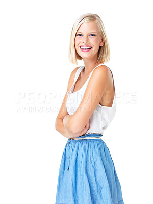 Buy stock photo Portrait, laughing and happy woman in studio, normal and relax on mockup, space, and white background. Face, laughter and girl model laugh, casual, young and confident, real and joy while isolated