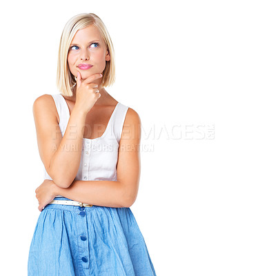 Buy stock photo Stylish, confused and woman thinking of fashion clothes isolated on a white background in a studio. Question, why and curious girl with gesture for wondering and thoughts with mockup on a backdrop