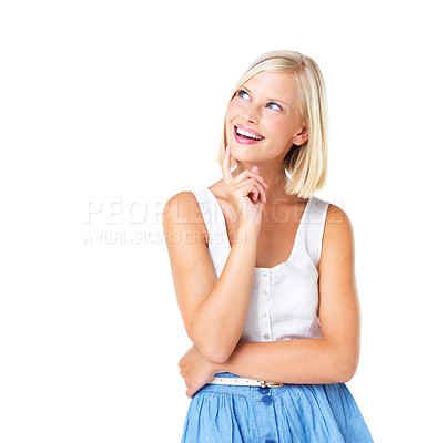 Buy stock photo Thinking, idea and woman in dress in studio isolated on a white background mock up. Decision, planning and young, happy and pensive female model lost in thoughts, nostalgic or contemplating memory.