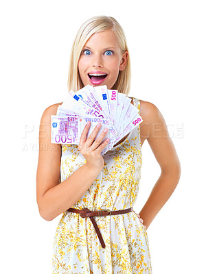 Buy stock photo Rich, happy and woman prize winner surprised, excited and wow isolated against a studio white background. Money, euro and portrait of wealthy female with lottery cash for financial freedom