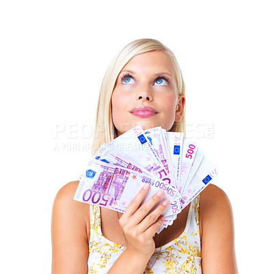 Buy stock photo Woman with cash, euro and thinking, looking up at savings and investment profit, startup finance loan isolated on white background. Money, budget and success in financial freedom in studio with bonus