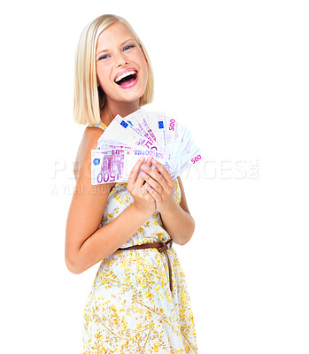 Buy stock photo Smile, euro notes and portrait of a woman with lottery winning money in a studio. White background, isolated and finance success of a model with cash and winner celebration from wealth and deal 