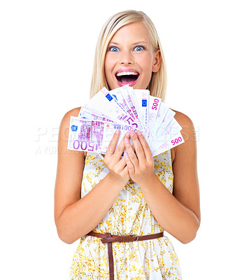 Buy stock photo Winner, cash and lottery prize for woman surprised, excited and happy isolated against a studio white background. Rich, euro and portrait of wealthy female with money for financial freedom