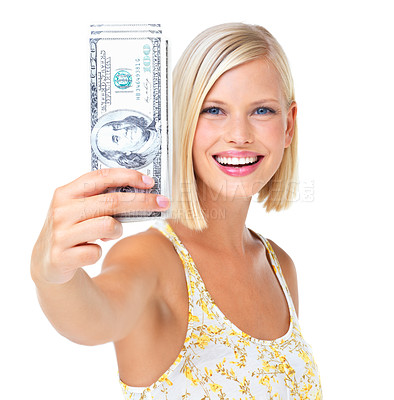 Buy stock photo Woman in portrait, smile with cash in hand, finance and dollars with happy rich female isolated on white background. Wealth, money and success, lottery winner or salary in studio with financial win