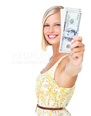 Buy stock photo Woman is happy in portrait, smile with cash in hand, finance and dollars with rich female isolated on white background. Wealth, money and success, lottery winner or salary in studio with mockup space