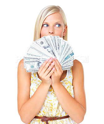 Buy stock photo Woman with cash, dollar fan and saving with investment profit or finance loan credit isolated on white background. Money, budget and economic success with financial freedom or bonus payment in studio