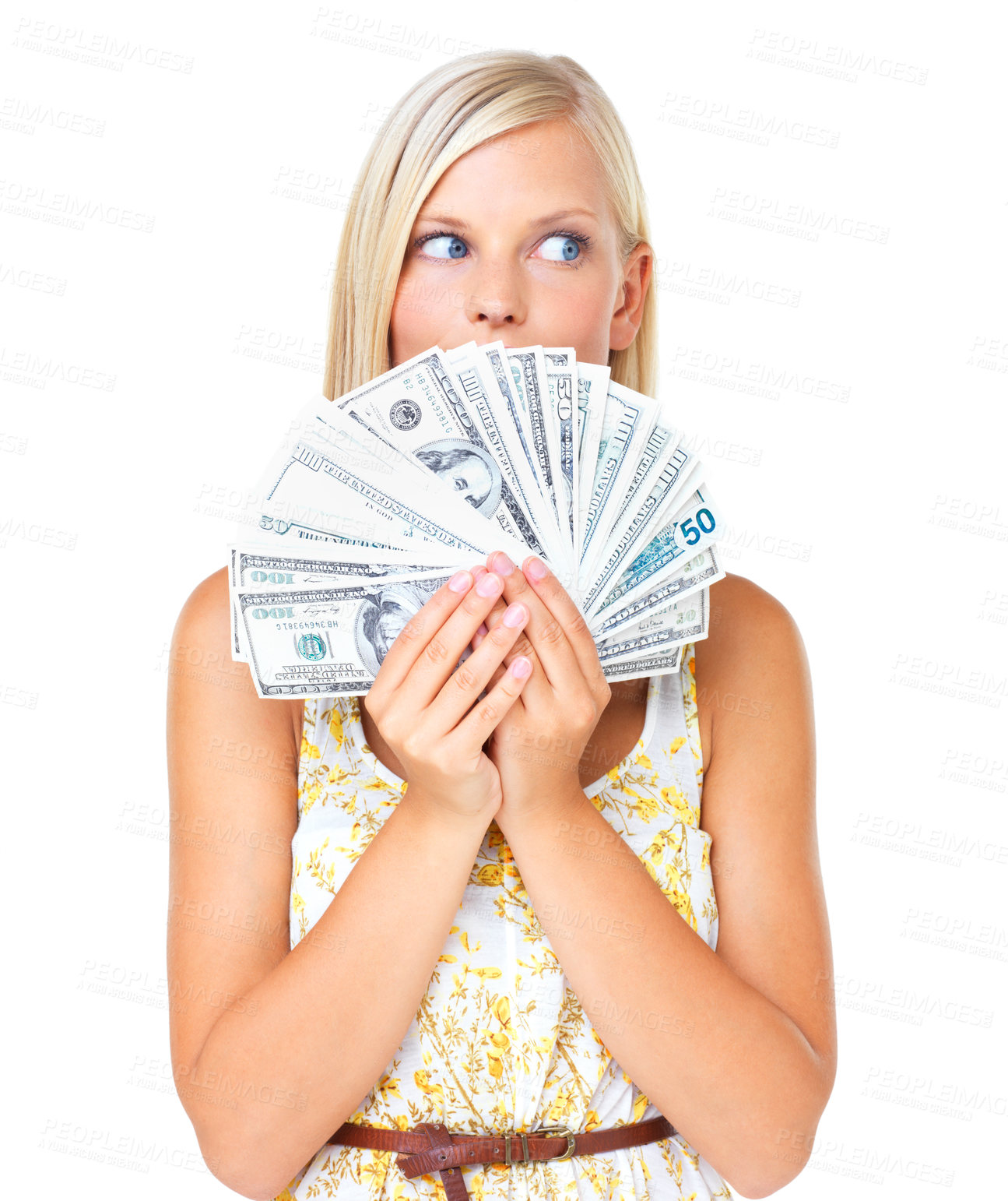 Buy stock photo Woman with cash, dollar fan and saving with investment profit or finance loan credit isolated on white background. Money, budget and economic success with financial freedom or bonus payment in studio