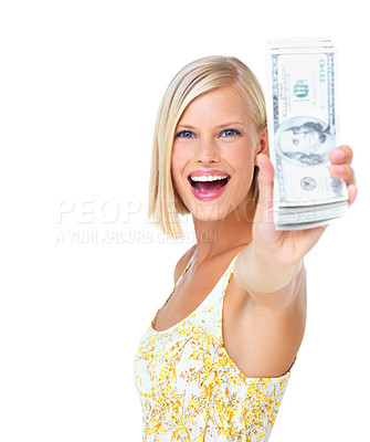 Buy stock photo Woman, wow in portrait with smile and cash in hand, finance and dollars with happy rich female isolated on white background. Wealth, money and success, lottery winner in studio with mockup space
