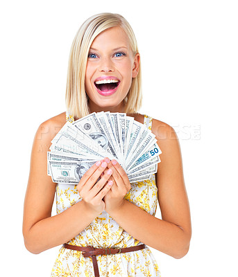 Buy stock photo Excited, money and woman cash prize winner surprised, wow and deal isolated against a studio white background. Rich, euro and portrait of wealthy female with lottery win for financial freedom