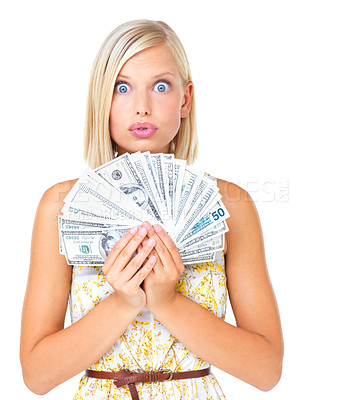Buy stock photo Wow, portrait of woman dollar fan and saving on investment profit or finance loan credit isolated on white background. Cash, budget and money shock in financial freedom or bonus payment in studio.