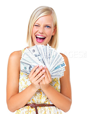 Buy stock photo Wink, money and woman cash winner surprised, wow and excited isolated against a studio white background. Rich, euro and portrait of wealthy female with lottery winning for financial freedom