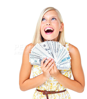 Buy stock photo Winner, money and surprise of woman with dollars in studio isolated on a white background. Winning, wow and happy female model thinking of cash, profit and success after lottery, prize or investment.