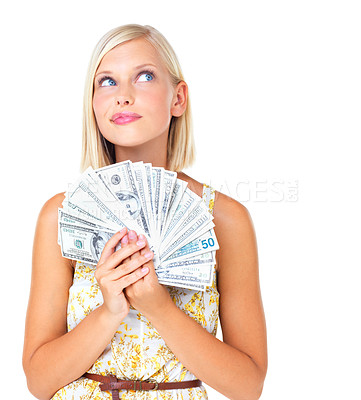 Buy stock photo Budget, portrait of woman with dollars thinking and planning shopping or investment with finance loan isolated on white background. Cash and money for financial freedom or bonus in studio.