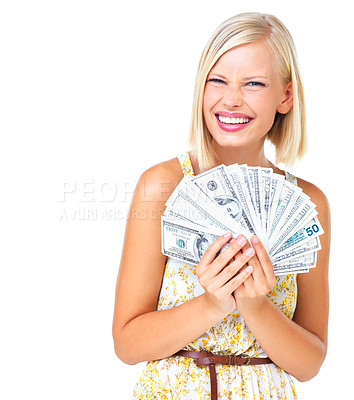 Buy stock photo Portrait, money winner and woman with dollars in studio isolated on a white background. Winning, squinting and happy female model with cash, profit and success after lottery, prize or investment