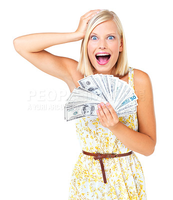 Buy stock photo Shocked, surprised and woman cash prize winner happy, wow and excited isolated against a studio white background. Rich, euro and portrait of wealthy female with lottery for financial freedom