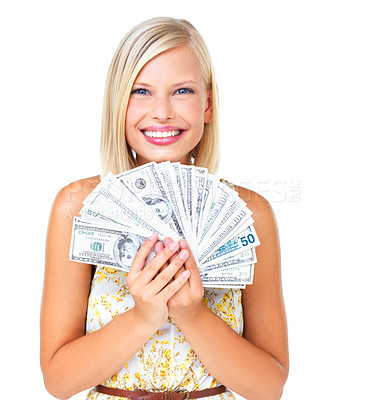 Buy stock photo Happy, money and woman with cash prize wow, excited and  smiling isolated against a studio white background. Rich, dollar and portrait of wealthy female with lottery for financial freedom