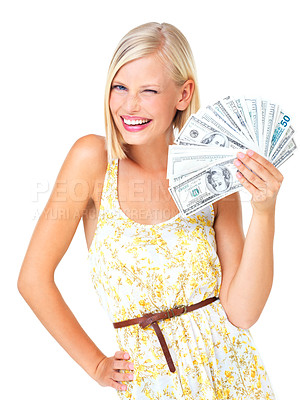 Buy stock photo Mockup, portrait and woman with cash, wink and happiness for savings, wealth and financial success with girl isolated on white studio background. Female, lady and money fan for investing and profit