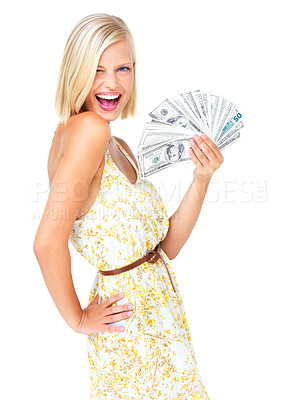 Buy stock photo Portrait of woman with cash, smile and dollar, saving and investment profit or startup finance loan isolated on white background. Money, budget and success with financial freedom in studio with bonus