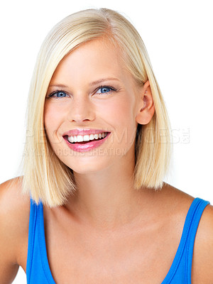 Buy stock photo Happy, smile and portrait of a woman in a studio with happy, optimistic and positive mindset. Happiness, excited and face of female model from Australia with blonde hair isolated by white background.