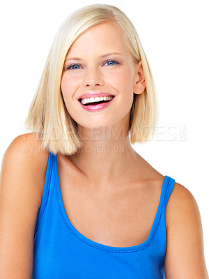 Buy stock photo Portrait, beauty and skincare of woman in studio isolated on a white background. Makeup, natural cosmetics and smile of happy female model with glowing and healthy skin after spa facial treatment.