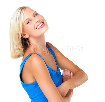 Buy stock photo Woman, studio portrait and arms crossed with smile, funny face and tongue for comic joke by white background. Young blonde model, isolated and happy for beauty, fashion or excited for youth lifestyle