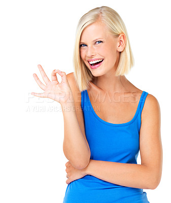 Buy stock photo Woman, portrait smile and hands in OK sign for approval, satisfaction or perfection isolated against a white studio background. Happy female smiling and showing hand gesture for perfect or precision