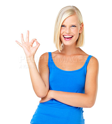 Buy stock photo Happy woman, portrait smile and OK sign for perfection, approval or satisfaction isolated against a white studio background. Blond female standing and showing okay hand gesture for good precision