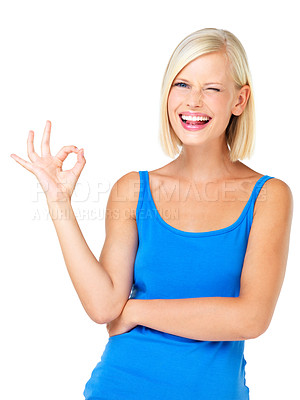 Buy stock photo Happy woman, portrait smile and OK sign for approval, satisfaction or perfection isolated against a white studio background. Blond female standing and showing okay hand gesture with wink for good job