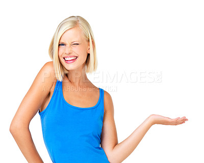 Buy stock photo Isolated, wink and deal with portrait of woman and mockup for promotion, branding or advertising. Smile, offer and vision with face of customer on white background for presentation, choice or product
