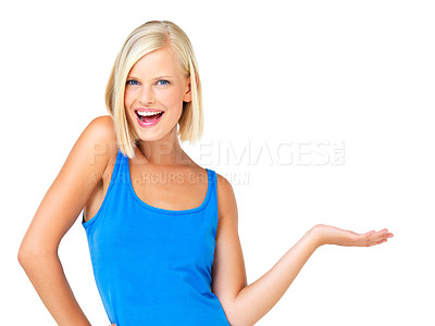 Buy stock photo Isolated, happy and hand gesture with portrait of woman and mockup for promotion, branding and advertising. Smile, offer and vision with face of customer on white background for presentation choice